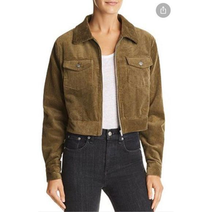 Lost +Wander Alicia Corduroy Jacket Cropped Full Zip Pockets‎ Lightweight Olive